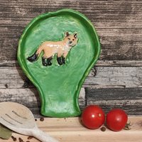 Löffelablage Küche Kochen Kochlöffel Keramik Fuchs Wildtier Natur Wald Küchenhelfer Hygiene Landhausstil Weihnachtsgeschenk Grün Handgemach von KeramikArtAnnett
