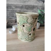 Windlicht Ginkgo Keramik Einzigartig Kerze Geschenk Strukturen Gemütlich Unikat Handgemacht Garten Landhausstil Beleuchtung Kerzenschein von KeramikArtAnnett