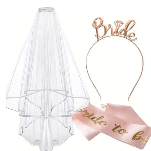 3 Stück JGA Accessoires Frauen-Schleier JGA Weiße, Bride to Be Schärpe,JGA Rosegold Stirnband Tiara, Hochzeit Fotorequisiten Spiele Zubehör für Bachelorette Party 3 Stück JGA Accessoires Frauen-Schleier JGA Weiße, Bride to Be Schärpe,JGA Rosegold Stirnband Tiara, Hochzeit Fotorequisiten Spiele Zubehör für Bachelorette Party von Keratobleem