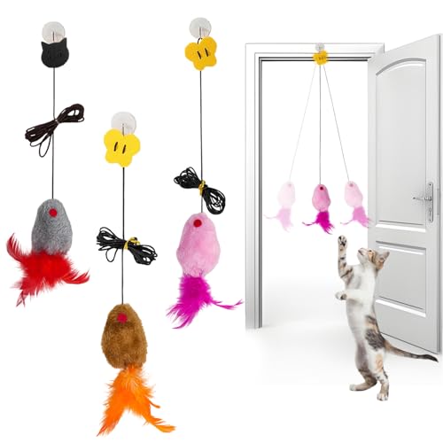 3 Stück Katzenspielzeug Selbstbeschäftigung Hängende Türrahmen Elastische Maus mit Quietschgeräusch,Interaktives Dancer Katzenspielzeug Mäuse für Katzenauslauf und gegen Langeweile Interaktives von Keratobleem
