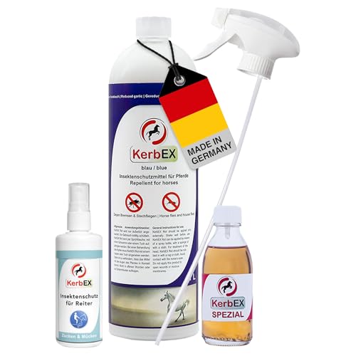 KerbEx Kombiset Blau Insektenabwehrmittel für Pferde bei starkem Insektenbefall - inkl. 1L Sprühflasche, 100 ml Spezialöl, Insektenschutz für Reiter – Made in Germany von KerbEx