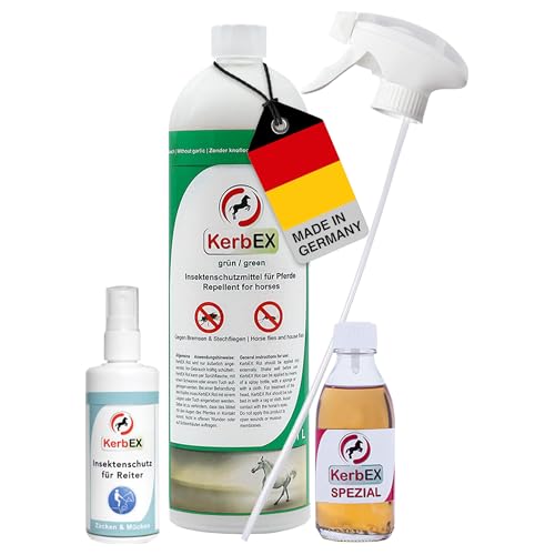 KerbEx Kombiset grün Insektenabwehrmittel für Pferde bei mittlerem Insektenbefall - inkl. 1L Sprühflasche, 100 ml Spezialöl, Insektenschutz für Reiter – Made in Germany von KerbEx