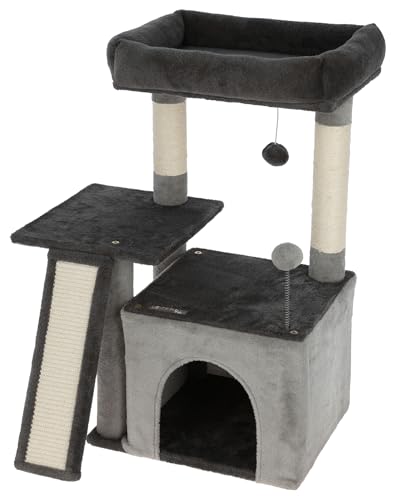 Kerbl Pet Kratzbaum Rosalie, Für Katzen und Kitten, Standfest, Mit Kuschelbett und Höhle, Natursisal für Krallenpflege, Spielbälle, Grau, 76 cm von Kerbl Pet