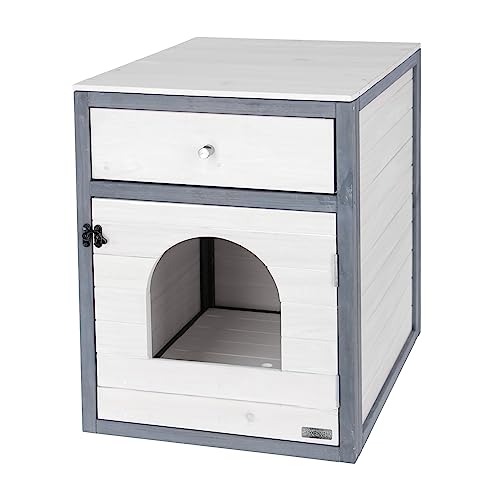 Kerbl Pet Katzenschrank Ida, Versteck für Katzentoilette oder Liegekissen, Katzentoilettenhaus, Katzhöhle, Vollholz, Weiß / Grau von Kerbl Pet