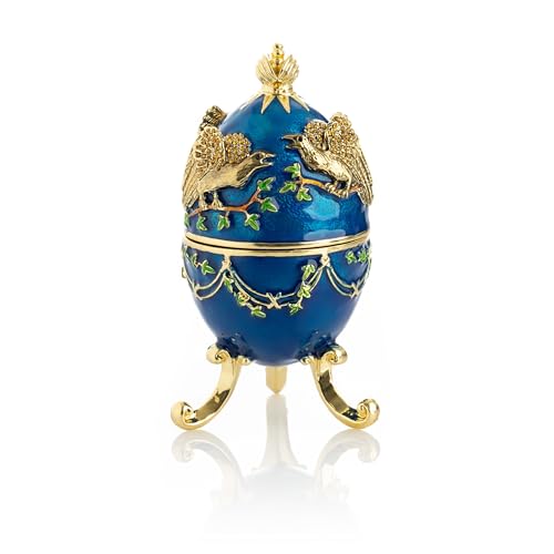 Keren Kopal Blaues russisches Ei mit Adlern Schmuckkästchen Fabergé-Ei verziert mit Kristallen Sammler Osterei von Keren Kopal