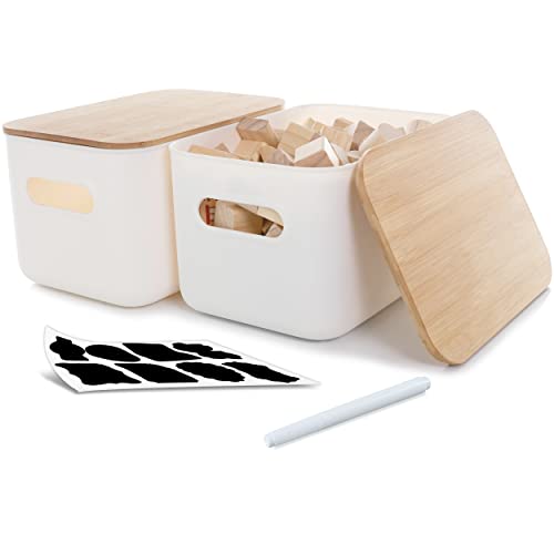 Kerhouze 2 Stück Aufbewahrungsbox mit Deckel Bambus für Badezimmer, Kunststoff Aufbewahrungskorb, Stapelbare Kleine Vorratsdose mit Griffen für Küche Schlafzimmer 26 * 17.8 * 15.5cm, 6.5L (Weiß) von Kerhouze