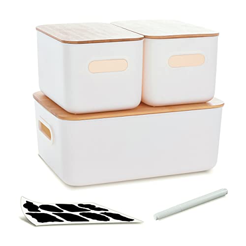 Kerhouze 3er Set Aufbewahrungsbox mit Bambus Deckel Weiß Aufbewahrungsbox Kunststoff Plastik Box für die Organisation stapelbar Aufbewahrungsbox mit Griff für Küche Badezimmer von Kerhouze
