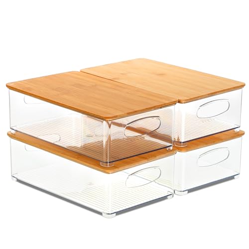 4 Pack Kühlschrank Organizer mit Bambus-Deckel, Mittel Kunststoff Aufbewahrungsbox mit Griff 26.2*15.3*7.6cm, Durchsichtig Stapelbar Vorratsdose Kühlschrank Boxen für Küchen, Schränke-BPA frei von Kerhouze