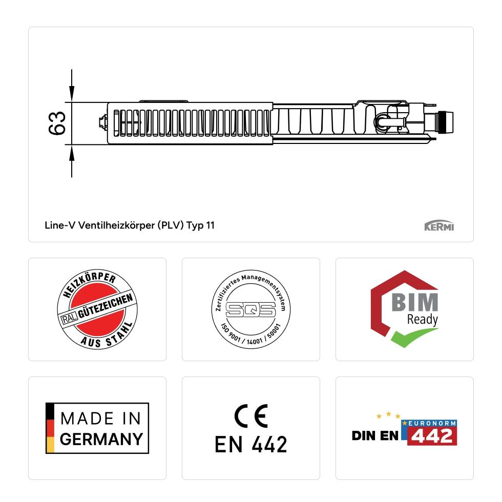 Kermi Line-V Ventilheizkörper links feinprofiliert Typ 11 505x63x605mm weiß mit Abdeckung PLV110500601L1K von Kermi