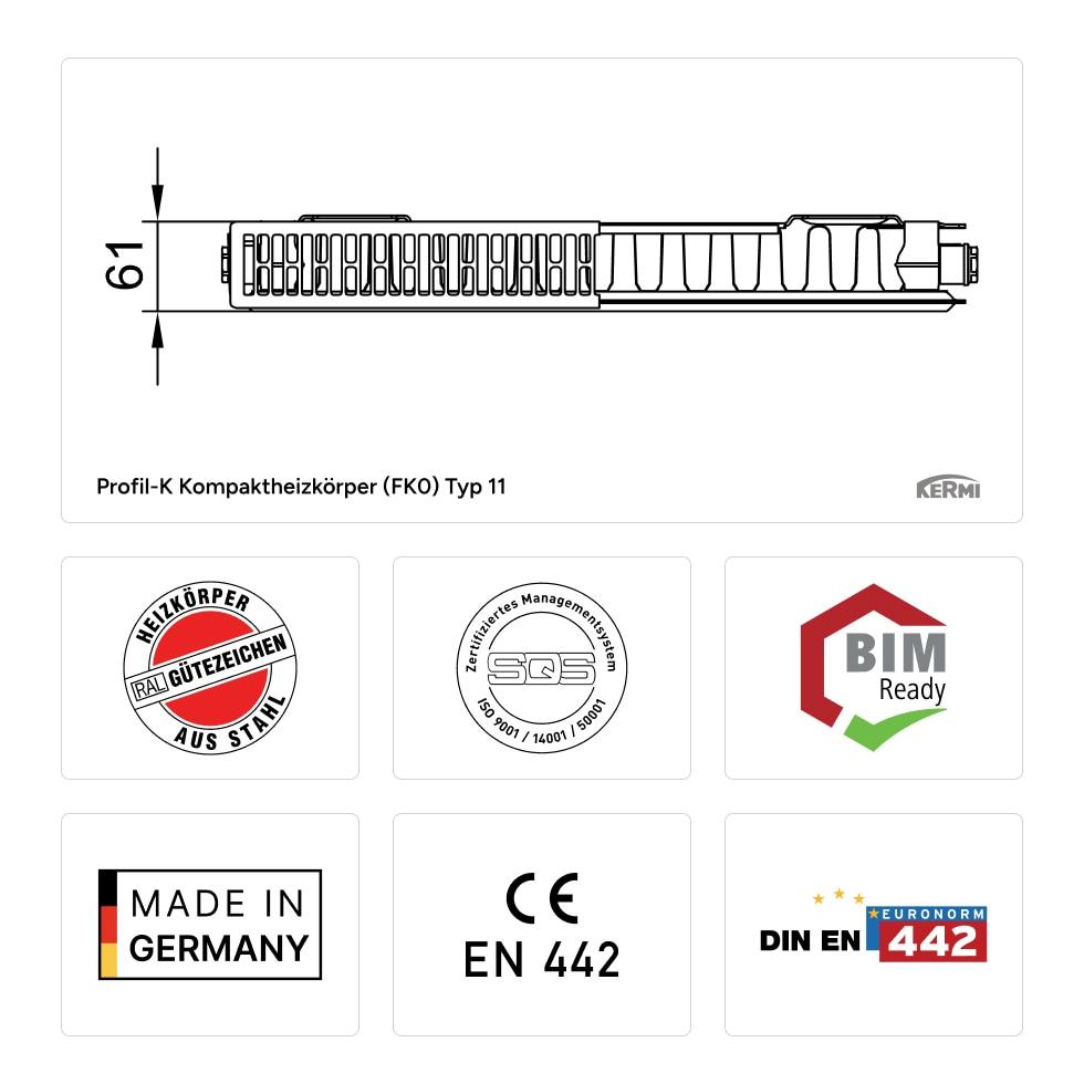 Kermi Profil-K Kompaktheizkörper Typ 11 400x61x600mm weiß mit Abdeckung FK0110406 von Kermi