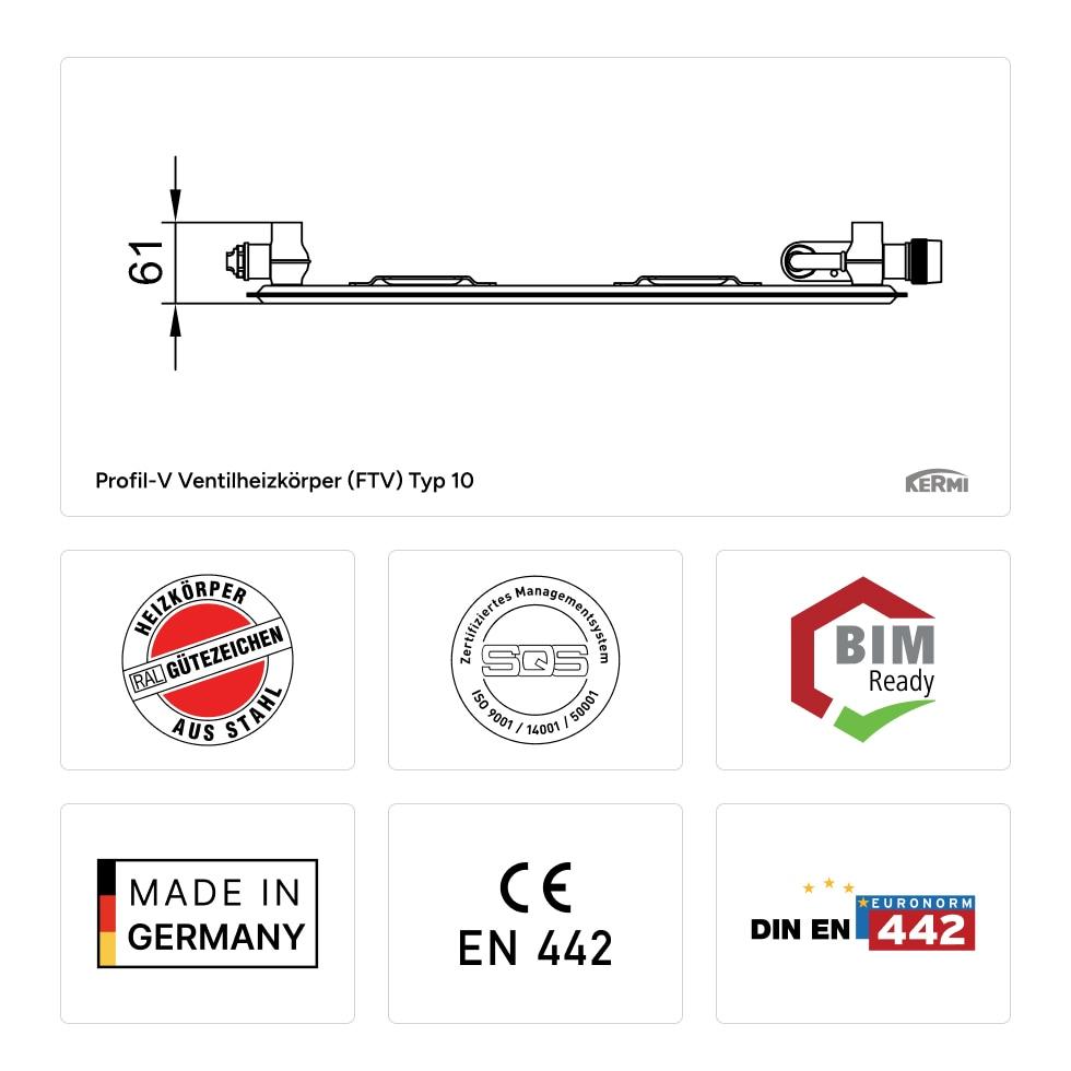 Kermi Profil-V Flachheizkörper Ventilheizkörper Typ 10 600x61x1200mm weiß Ventil rechts, ohne Abdeckung FTV100601201R1K von Kermi