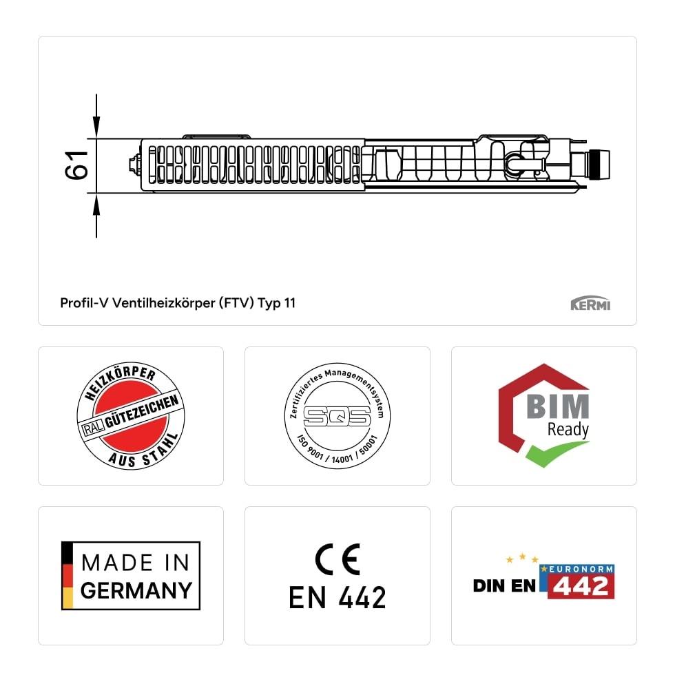 Kermi Profil-V Flachheizkörper Ventilheizkörper Typ 11 600x61x700mm weiß Ventil rechts, mit Abdeckung FTV110600701R1K von Kermi