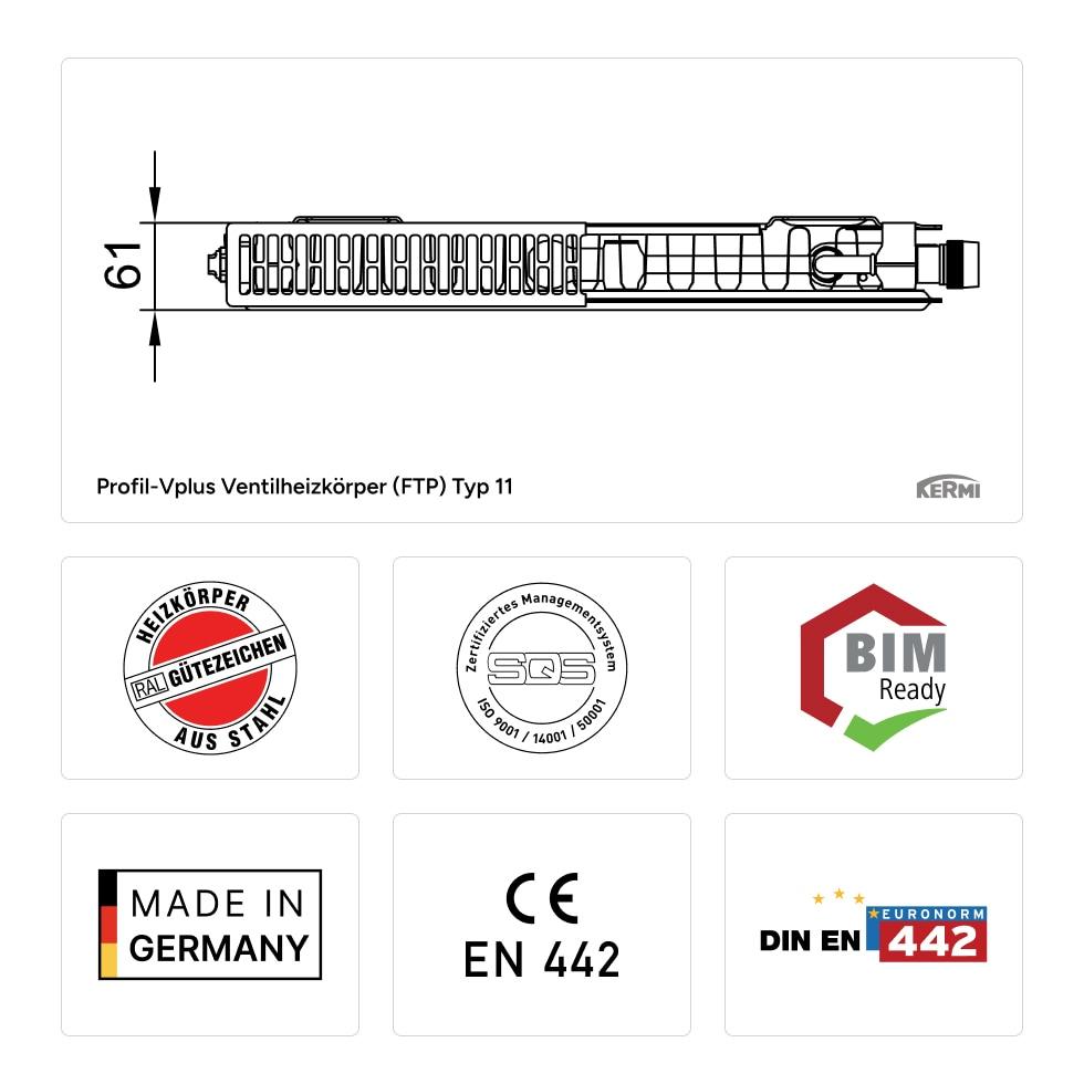 Kermi Profil-Vplus Flachheizkörper Ventilheizkörper Typ 11 300x61x400mm weiß Ventil rechts, mit Abdeckung FTP110300401R1K von Kermi