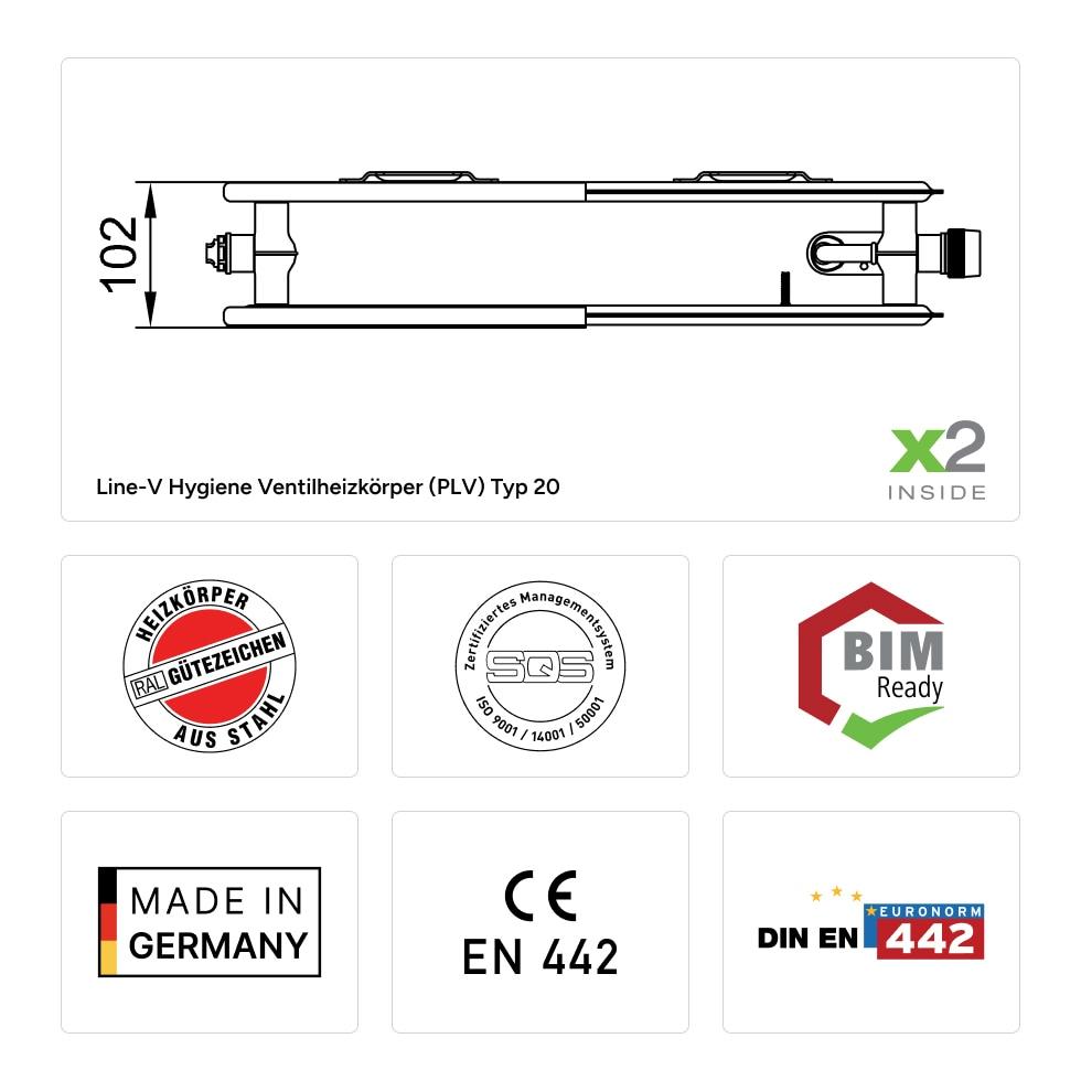 Kermi therm-x2 Line-V Hygiene Ventilheizkörper links feinprofiliert Typ 20 605x102x805mm weiß PLV200600801L1K von Kermi