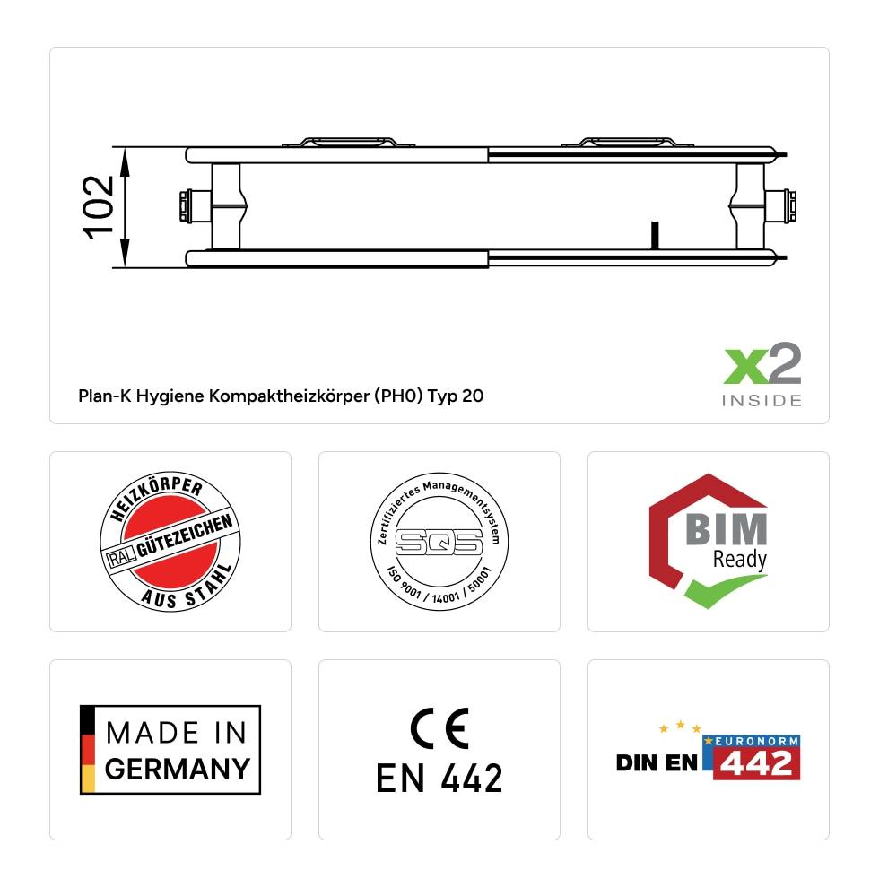 Kermi therm-x2 Plan-K Hygiene Flachheizkörper glatt Typ 20 505x102x1805mm weiß ohne Abdeckung PH0200518 von Kermi