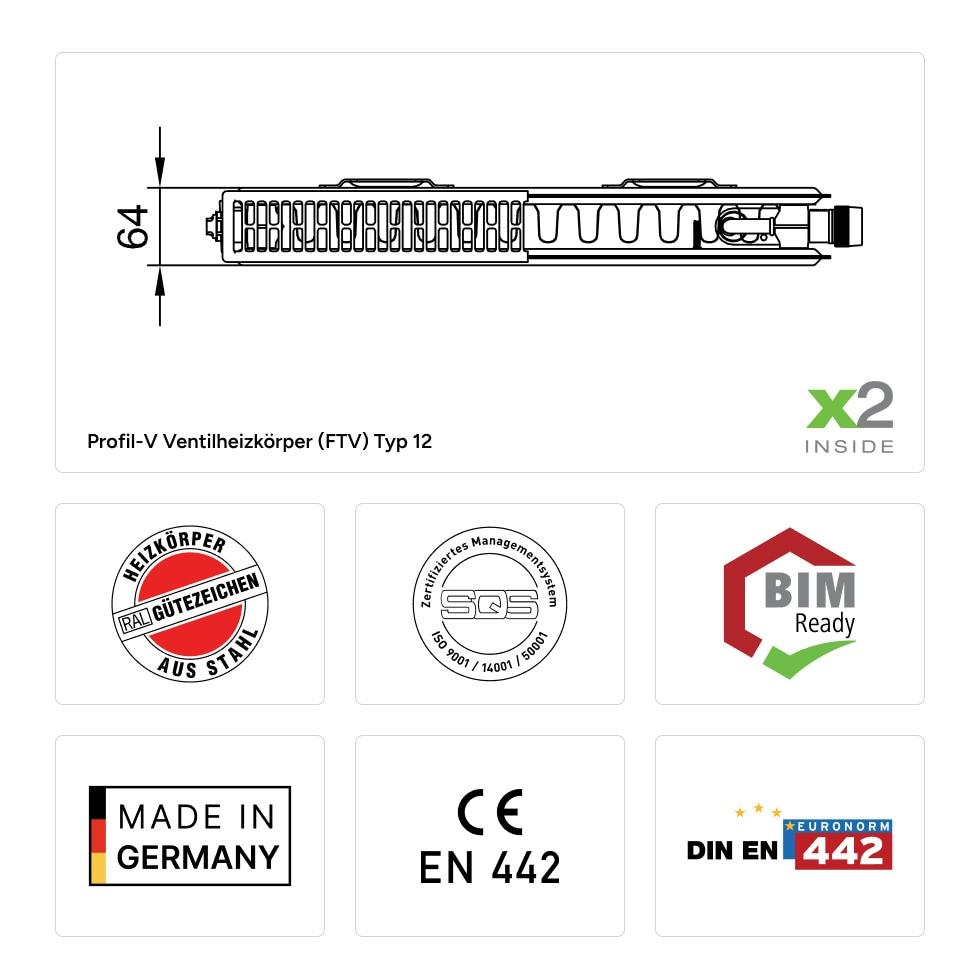 Kermi therm-x2 Profil-V Flachheizkörper Ventilheizkörper Typ 12 600x64x600mm weiß Ventil links, mit Abdeckung FTV120600601L1K von Kermi