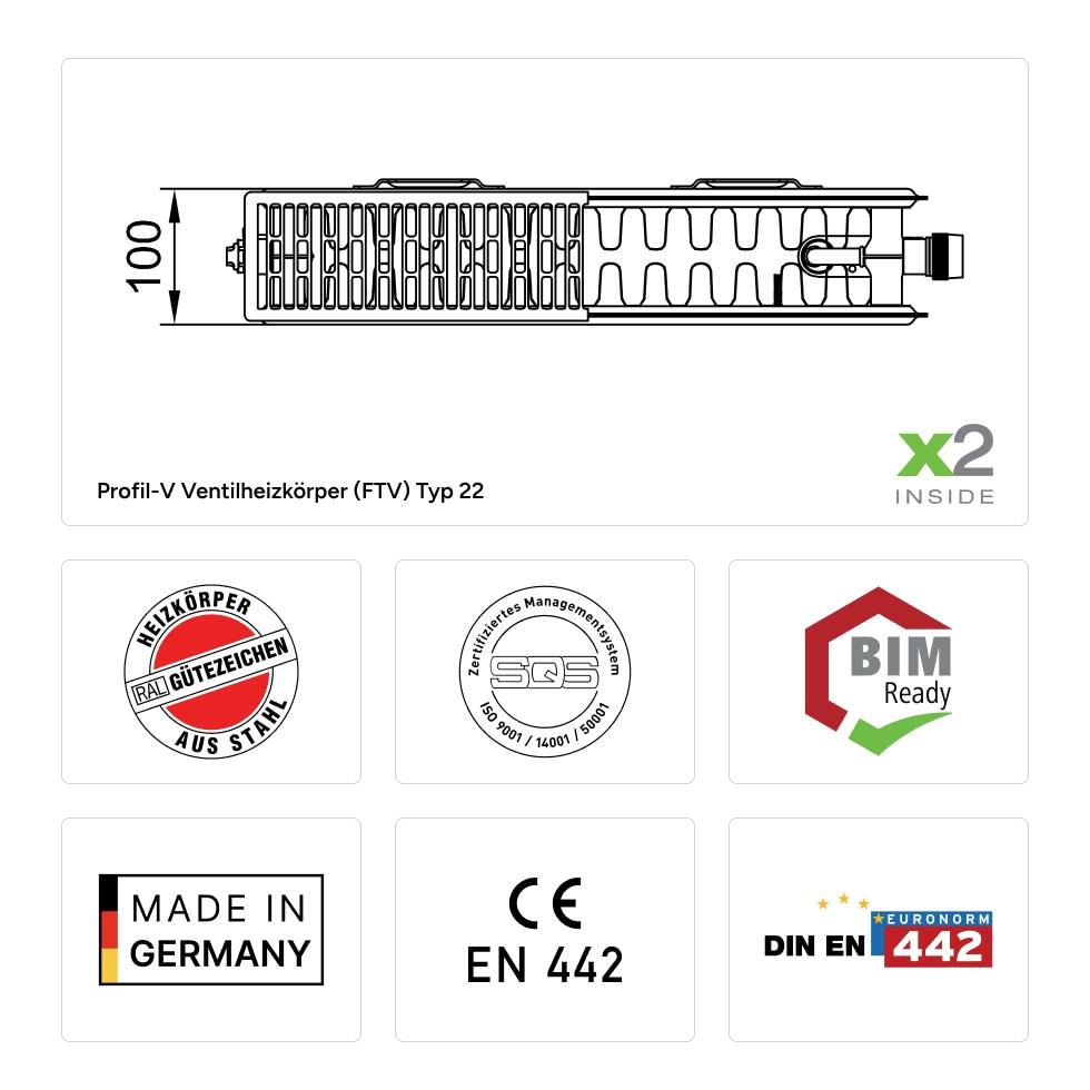 Kermi therm-x2 Profil-V Flachheizkörper Ventilheizkörper Typ 22 600x100x1300mm weiß Ventil rechts, mit Abdeckung FTV220601301R1K von Kermi