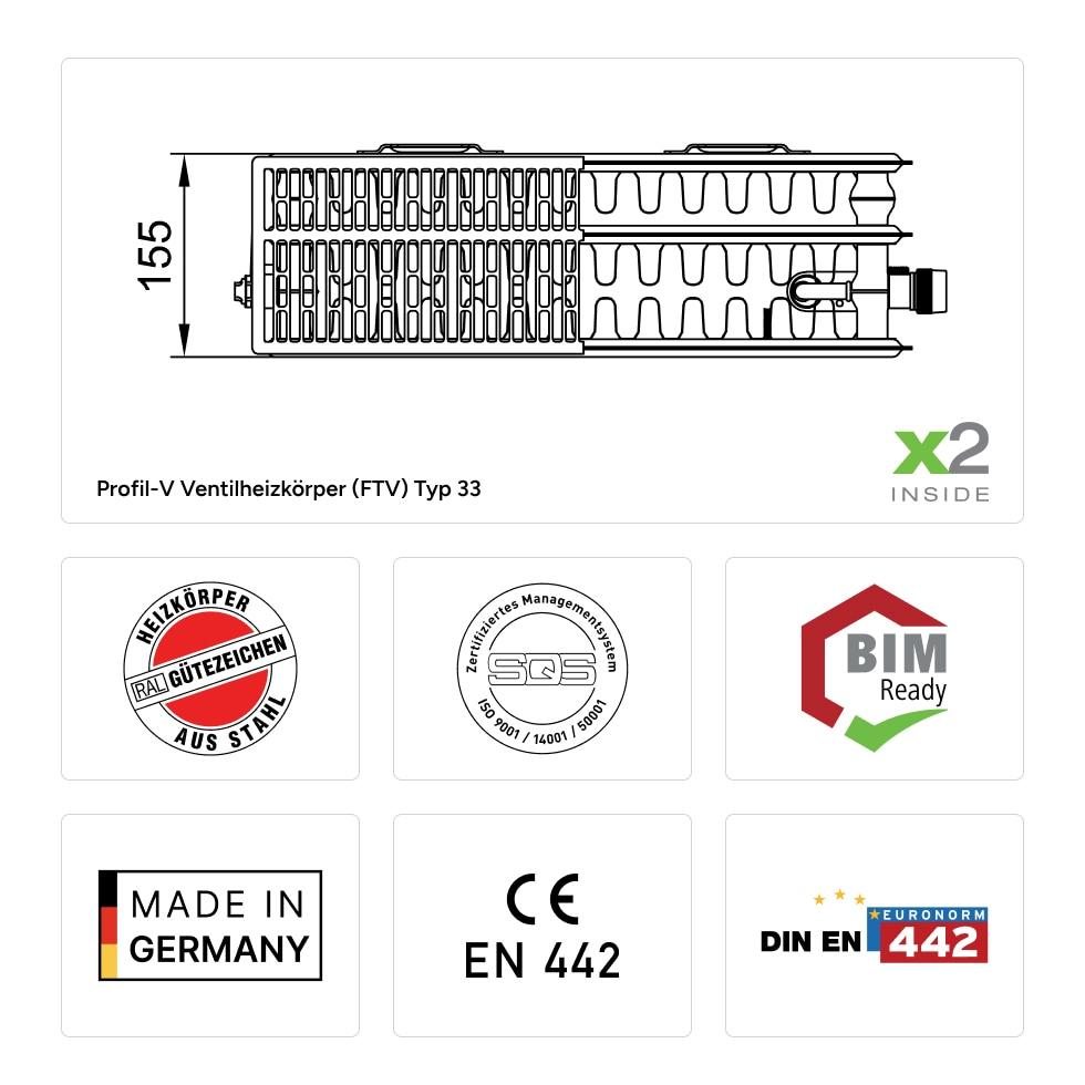 Kermi therm-x2 Profil-V Flachheizkörper Ventilheizkörper Typ 33 900x155x500mm weiß Ventil rechts, mit Abdeckung FTV330900501R1K von Kermi