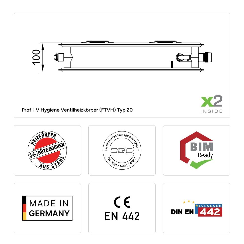 Kermi therm-x2 Profil-V Hygiene Flachheizkörper Ventillheizkörper Typ 20 500x100x1100mm weiß Ventil rechts, ohne Abdeckung FTV200501101R1K von Kermi