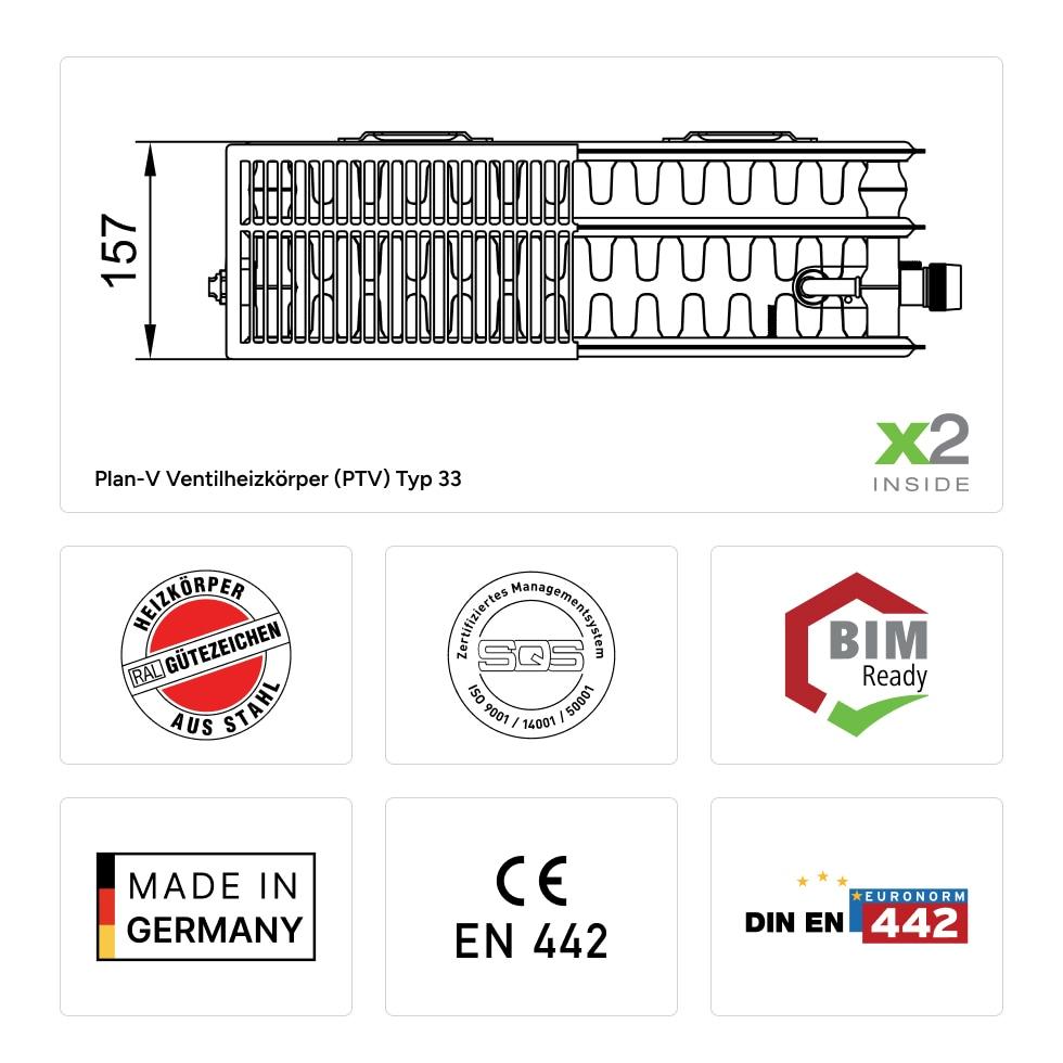 Kermi x2 Plan-V Typ 33 BH505x157x1005mm weiß, 10 bar, Ventil rechts, mit Abdeckung PTV330501001R1K von Kermi