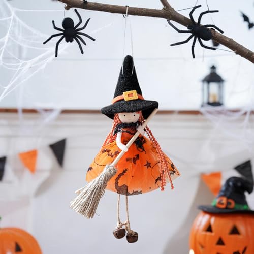 Kertaym Halloween Hexenpuppe Hängende Dekoration Gruselige Hexenfigur Für Fenster Garten Terrasse Mit Besen-Detail Handbemalt Langlebig (B) von Kertaym