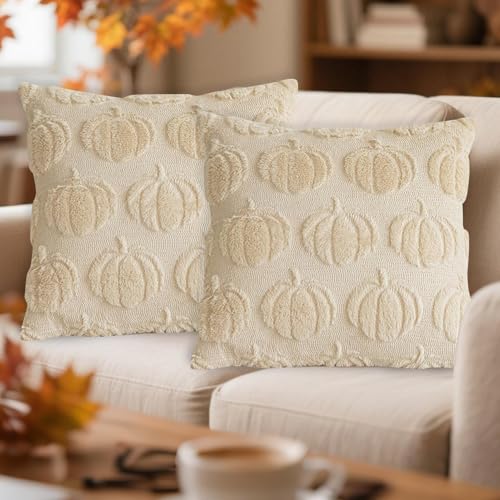 Kertaym 2 Stück Herbst Kürbis kissenbezüge, 45x45cm Herbst Deko Kissenbezüge, Sofakissen Wolle Kürbis Couchkissen Kuschelkissen für Wohn-/Schlafzimmer Autumn Decor von Kertaym