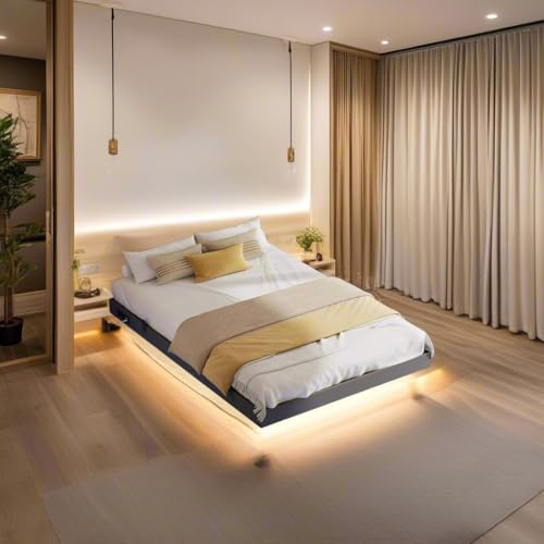 Bettgestell mit Stauraum, Floating Bed Frame, Bettrahmen Jugendbett, Metallbett mit Lattenrost Doppelbett，mit LED Beleuchtung und Ladestation (90 * 200 * 28) von Kerting