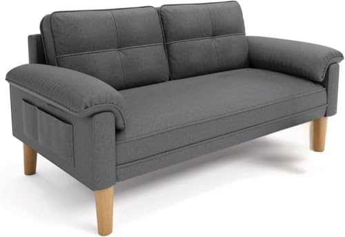 Kerting Sofa 2 Sitzer, Kleine Couch 2 Sitzer mit Armlehne und Seitentasche, Modernes Stoffcouch für Wohnzimmer,Wohnung (Dunkelgrau) von Kerting