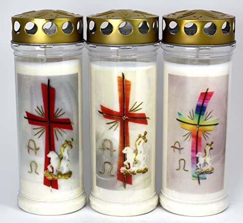 3 Grablichter, Grabkerzen Motiv Ostern, 3er Set- 21x7,5 cm - 3924 - ca. 7 Tage Brenndauer je Grablicht – Trauerkerze mit Motiv Kreuz und Osterlamm - Motivkerze - Gedenkkerze 3 Grablichter, Grabkerzen Motiv Ostern, 3er Set- 21x7,5 cm - 3924 - ca. 7 Tage Brenndauer je Grablicht – Trauerkerze mit Motiv Kreuz und Osterlamm - Motivkerze - Gedenkkerze von Kerzen Junglas