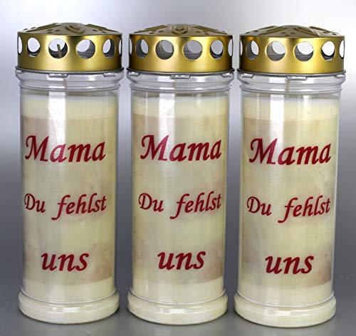 3 Stück Grablichter, Grabkerzen, 3er Set mit Spruch Mama, Größe 21x7,5 cm (3938) Brenndauer ca. 7 Tage je Grablicht – Elegante Gedenkkerzen, Trauerkerzen mit Spruch. (3938) von Kerzen Junglas