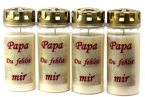 4 Grablichter, Grabkerzen Papa, 4er Set- 16x6 cm - 3905 - ca. 4 Tage Brenndauer je Grablicht – Trauerkerze mit Spruch - Motivkerze - Gedenkkerze von Kerzen Junglas