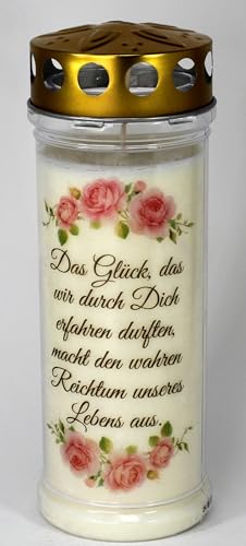 Grabkerze mit Spruch und Motiv Blume, (21x7,5 cm) Grablicht mit 7 Tage Brenndauer (3727), Wetterfestes Trauerlicht mit Deckel, Edle Gedenkkerze aus Deutschland von Kerzen Junglas