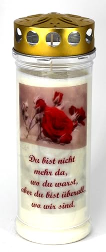 Grabkerze mit Spruch und Motiv Rose, (21x7,5 cm) Grablicht mit 7 Tage Brenndauer (3741), Wetterfestes Trauerlicht mit Deckel, Hochwertige Trauerkerze, Edle Gedenkkerze aus Deutschland von Kerzen Junglas