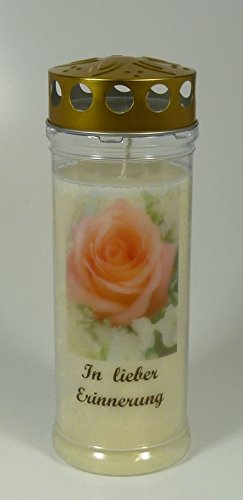 Grabkerze mit Spruch und Motiv Rose, (21x7,5 cm) Grablicht mit 7 Tage Brenndauer (3756), Wetterfestes Trauerlicht mit Deckel, Hochwertige Trauerkerze, Edle Gedenkkerze aus Deutschland von Kerzen Junglas