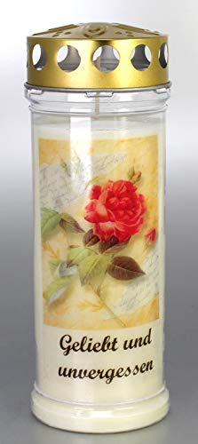 Grabkerze mit Spruch und Motiv Rose, (21x7,5 cm) Grablicht mit 7 Tage Brenndauer (3775), Wetterfestes Trauerlicht mit Deckel, Edle Gedenkkerze aus Deutschland von Kerzen Junglas