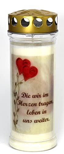 Grabkerze mit Spruch und Motiv Herz, (21x7,5 cm) Grablicht mit 7 Tage Brenndauer (3734), Wetterfestes Trauerlicht mit Deckel, Hochwertige Trauerkerze, Edle Gedenkkerze aus Deutschland von Kerzen Junglas