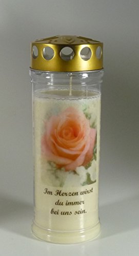 Grablicht-Kerze 20/7 cm - Rose A - 3751 - Im Herzen ... - 7 Tage Brenndauer – (Ewiglicht-Ölkerze)-Grabkerze mit Motiv und Spruch - Trauerkerze mit Foto und Spruch von Kerzen Junglas