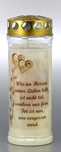 Grabkerze mit Spruch und Motiv Herz, (21x7,5 cm) Grablicht mit 7 Tage Brenndauer (3845), Wetterfestes Trauerlicht mit Deckel, Hochwertige Trauerkerze, Edle Gedenkkerze aus Deutschland von Kerzen Junglas