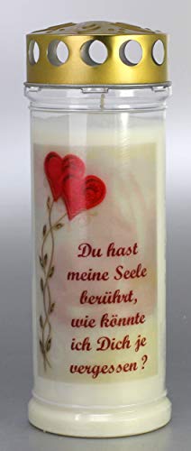 Grablichtkerze Herzen, Du hast meine Seele... Brenndauer ca. 7 Tage, 20x7cm - 3791 - Grabkerze mit Motiv und Spruch - Qualitäts-Grablicht mit Deckel von Kerzen Junglas