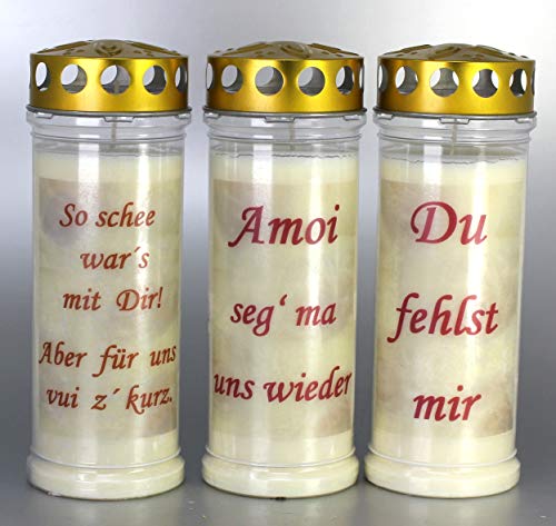 3 Stück Grablichter, Grabkerzen, 3er Set mit Spruch und Motiv, Größe 21x7,5 cm - Brenndauer ca. 7 Tage je Grablicht – 3886 – Elegante Gedenkkerzen, Trauerkerzen mit Spruch. von Kerzen Junglas