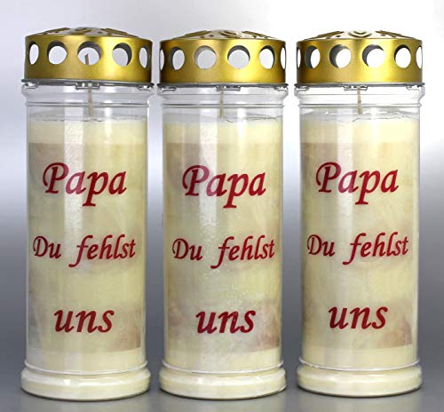 3 Stück Grablichter, Grabkerzen, 3er Set mit Spruch und Motiv Papa, Größe 21x7,5 cm - Brenndauer ca. 7 Tage je Grablicht – Elegante Gedenkkerzen, Trauerkerzen mit Spruch. (3928) von Kerzen Junglas