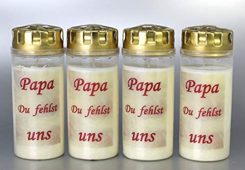 4er Set Grabkerzen Papa, (16x6 cm) - Grablicht mit 4 Tage Brenndauer - (3907) - Wetterfestes Trauerlicht mit Sturmdeckel - Hochwertige Trauerkerze - Edle Gedenkkerze aus Deutschland von Kerzen Junglas