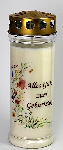 Kerzen Junglas - Grabkerze Geburtstag mit 7 Tagen Brenndauer, (3947), schöne Grablichter mit Motiv, Grabkerzen mit Deckel, Grabschmuck wetterfest, Trauerkerzen mit Spruch, Friedhofskerzen von Kerzen Junglas