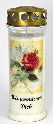 Kerzen Junglas Grabkerze Rose, Wir vermissen Dich - (21x7,5 cm) – Grablicht 7 Tage Brenndauer (3776) - Edle Gedenkkerze aus Deutschland von Kerzen Junglas