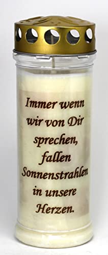 Kerzen Junglas Grabkerze mit Spruch, (21x7,5 cm) Grablicht mit 7 Tage Brenndauer (3896), Wetterfestes Trauerlicht mit Deckel, Hochwertige Trauerkerze, Edle Gedenkkerze aus Deutschland von Kerzen Junglas