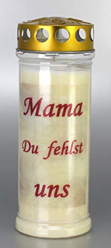 Grabkerze mit Spruch Mama Du fehlst uns, (21x7,5 cm) Grablicht mit 7 Tage Brenndauer (3875), Wetterfestes Trauerlicht mit Deckel, Hochwertige Trauerkerze, Edle Gedenkkerze aus Deutschland von Kerzen Junglas