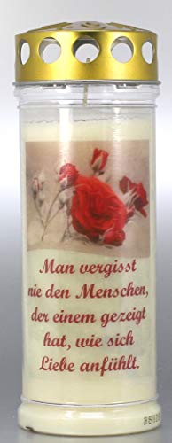 Kerzen Junglas Grabkerze mit Spruch und Motiv Rose, (21x7,5 cm) Grablicht mit 7 Tage Brenndauer (3848), Wetterfestes Trauerlicht mit Deckel, Hochwertige Trauerkerze, Edle Gedenkkerze aus Deutschland von Kerzen Junglas