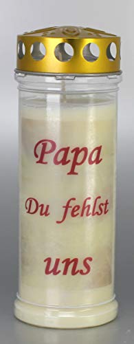 Grabkerze, Papa Du fehlst uns, (21x7,5 cm) Grablicht mit 7 Tage Brenndauer (3878), Wetterfestes Trauerlicht mit Deckel, Hochwertige Trauerkerze, Edle Gedenkkerze aus Deutschland Grabkerze, Papa Du fehlst uns, (21x7,5 cm) Grablicht mit 7 Tage Brenndauer (3878), Wetterfestes Trauerlicht mit Deckel, Hochwertige Trauerkerze, Edle Gedenkkerze aus Deutschland von Kerzen Junglas