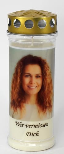 Persönliches Grablicht mit Foto und Spruch- (21x7,5 cm) - Personalisiertes Grablicht, 7 Tage Brenndauer (3972) - Wetterfestes Trauerlicht mit Deckel, Edle Gedenkkerze aus Deutschland von Kerzen Junglas
