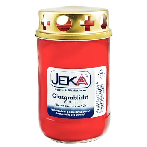 Glasgrablicht mit Deckel in rot | Glasgrabkerze wiederbefüllbar mit Grabkerzen ohne Hülle | Glaslaterne |Grableuchte (Größe: 7x12,5 cm, Brenndauer: bis zu 45 Stunden, 5) von Kerzen & Licht JEKA